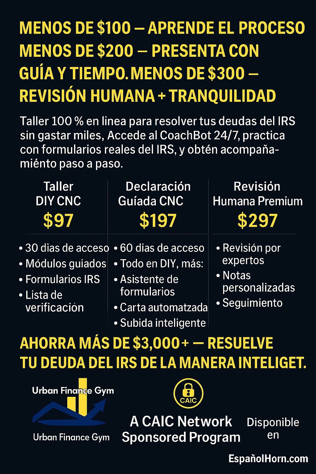 Taller CNC de impuestos por Urban Finance Gym — $97 · $197 · $297